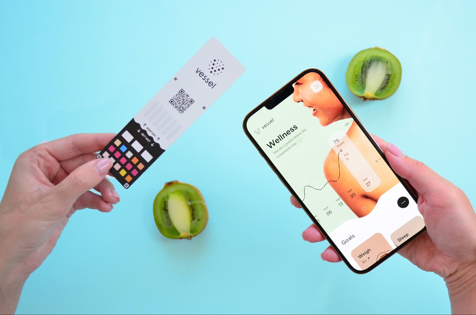 Vessel at-home test card and mobile app, photographed on an aqua background